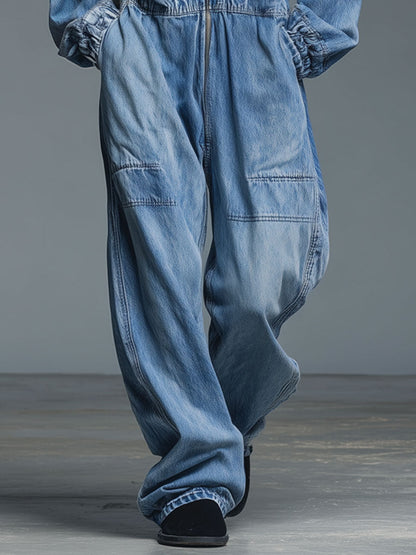 Street Retro Zipper Hooded Blue Denim Wide-Leg Jumpsuit