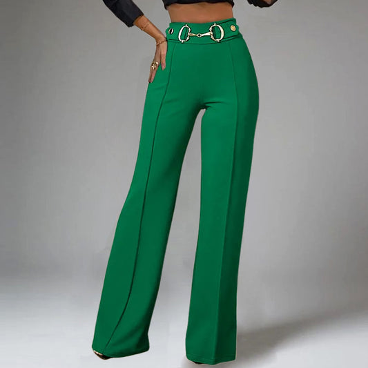 Formal Metal Buckle Decor High Rise Straight Leg Pants