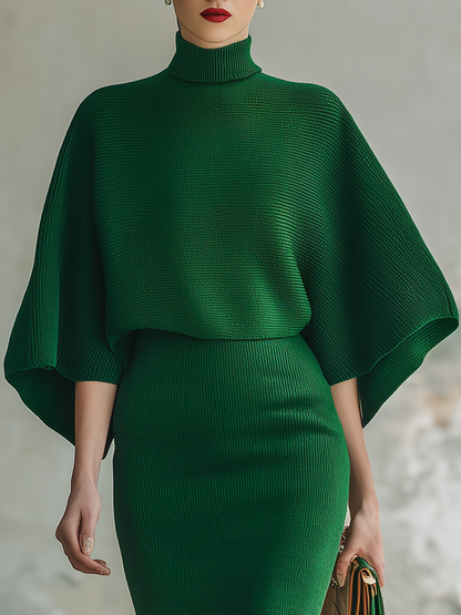 Elegant Retro Stand Collar Batman Knit Midi Dress