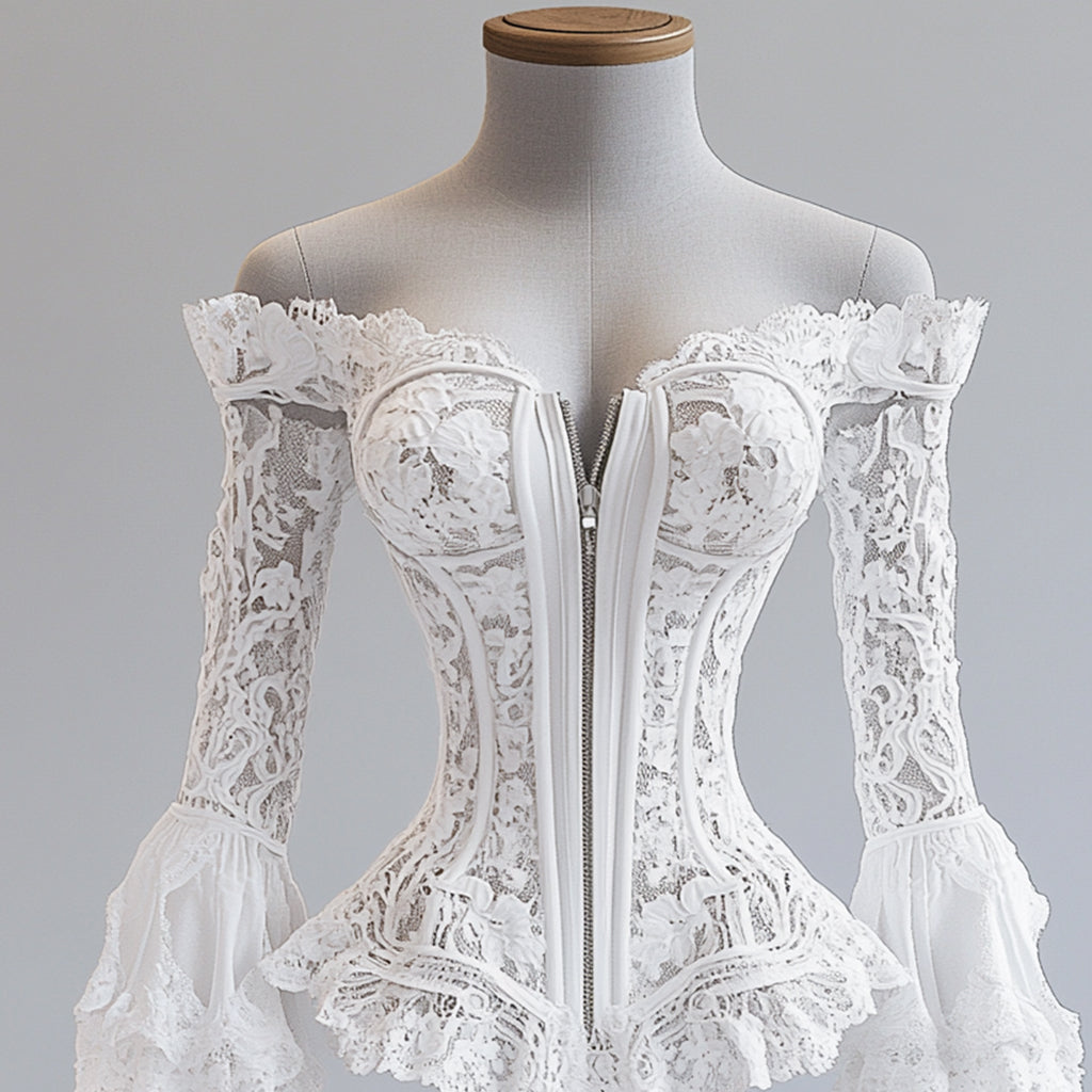 Ursime Lace Off Shoulder Flare Sleeve Irregular Hem Zipper Blouse