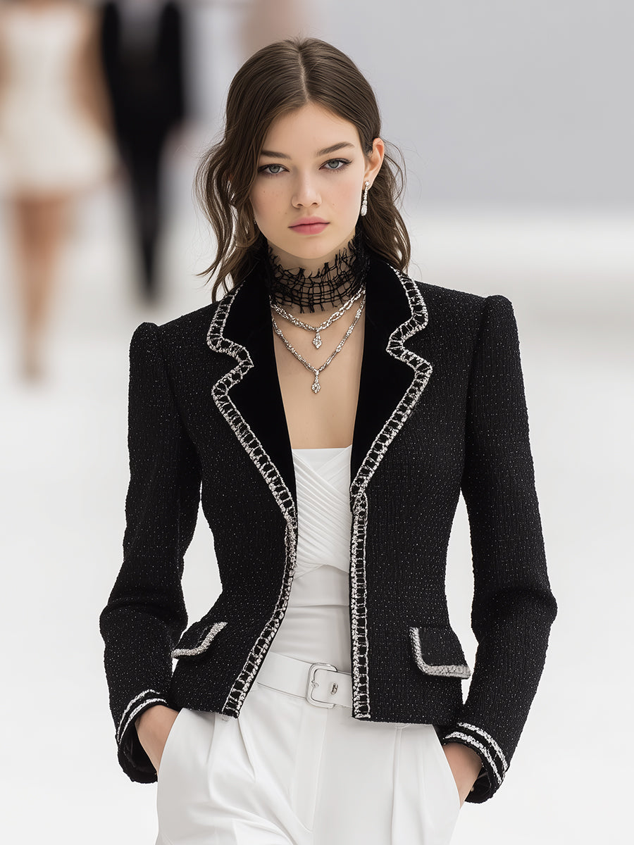 Black Tweed Blazer With Silver Webbing