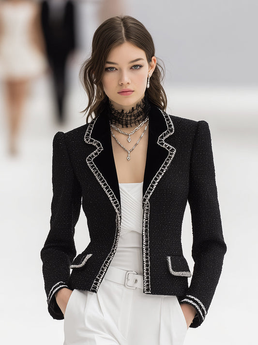 Black Tweed Blazer With Silver Webbing