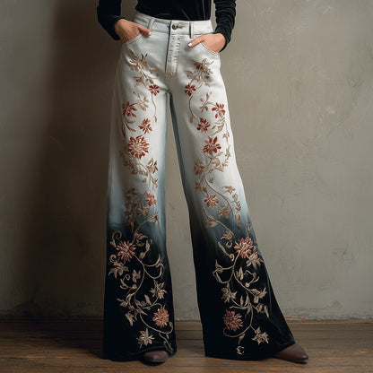 Ursime Floral Leaf Denim-Like Print Ombre Wide Leg Pants