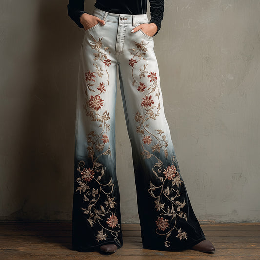 Ursime Floral Leaf Denim-Like Print Ombre Wide Leg Pants