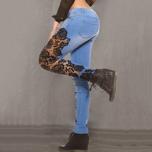 Casual Denim Patchwork Hollow Lace Floral Skinny Jeans