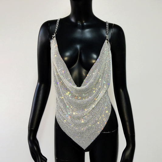 Party Rhinestone Embellished Cowl Neck Chain Straps Top