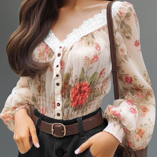 Elegant V Neck Floral Pattern Lantern Sleeve Button Blouse