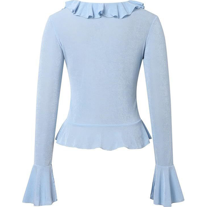 Casual Ruffled V Neck Button Flare Sleeve Knit Crop Blouse