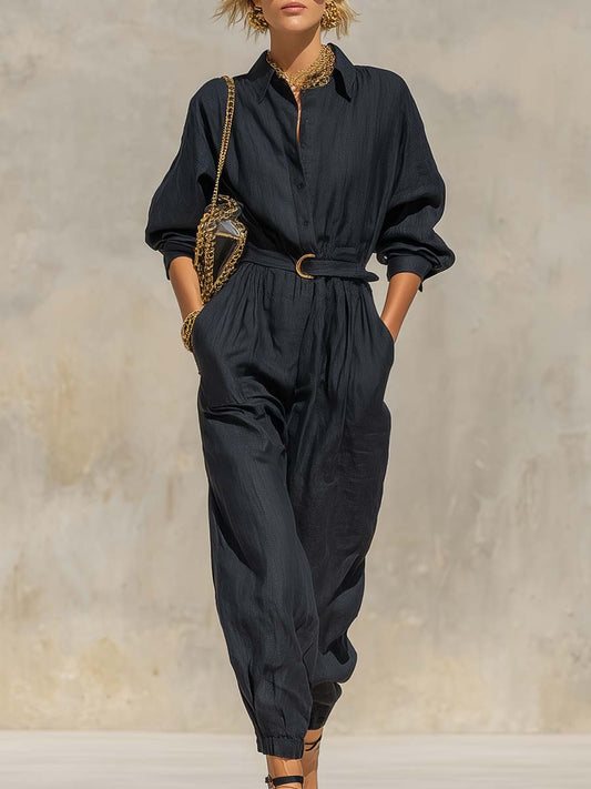 Casual Loose Western Front Button Long Sleeve Black Cotton And Linen Jumpsuit