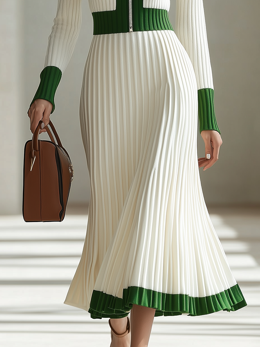 Retro Zipper Stand Collar Stitching Contrast Color Knitted Maxi Dress