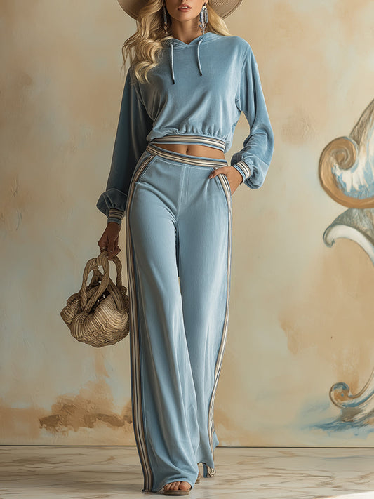 Casual Loose Light Blue Velvet Hooded Sweatshirt Wide-leg Pants Set