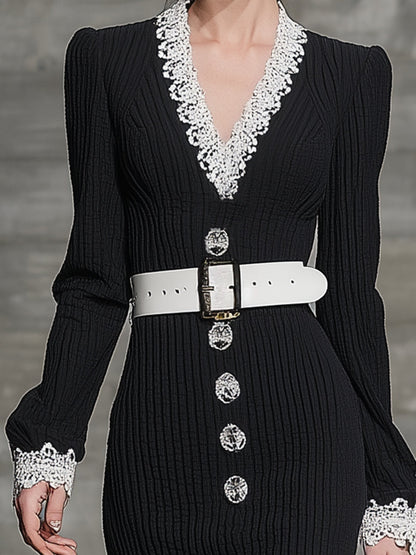 Black Knitted V-neck Lace Maxi Dress
