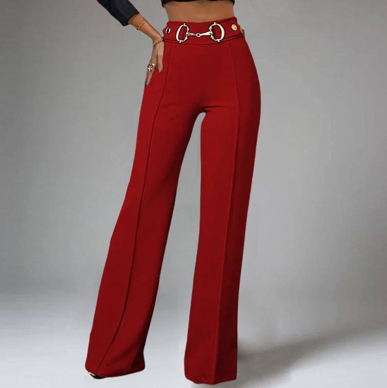 Formal Metal Buckle Decor High Rise Straight Leg Pants