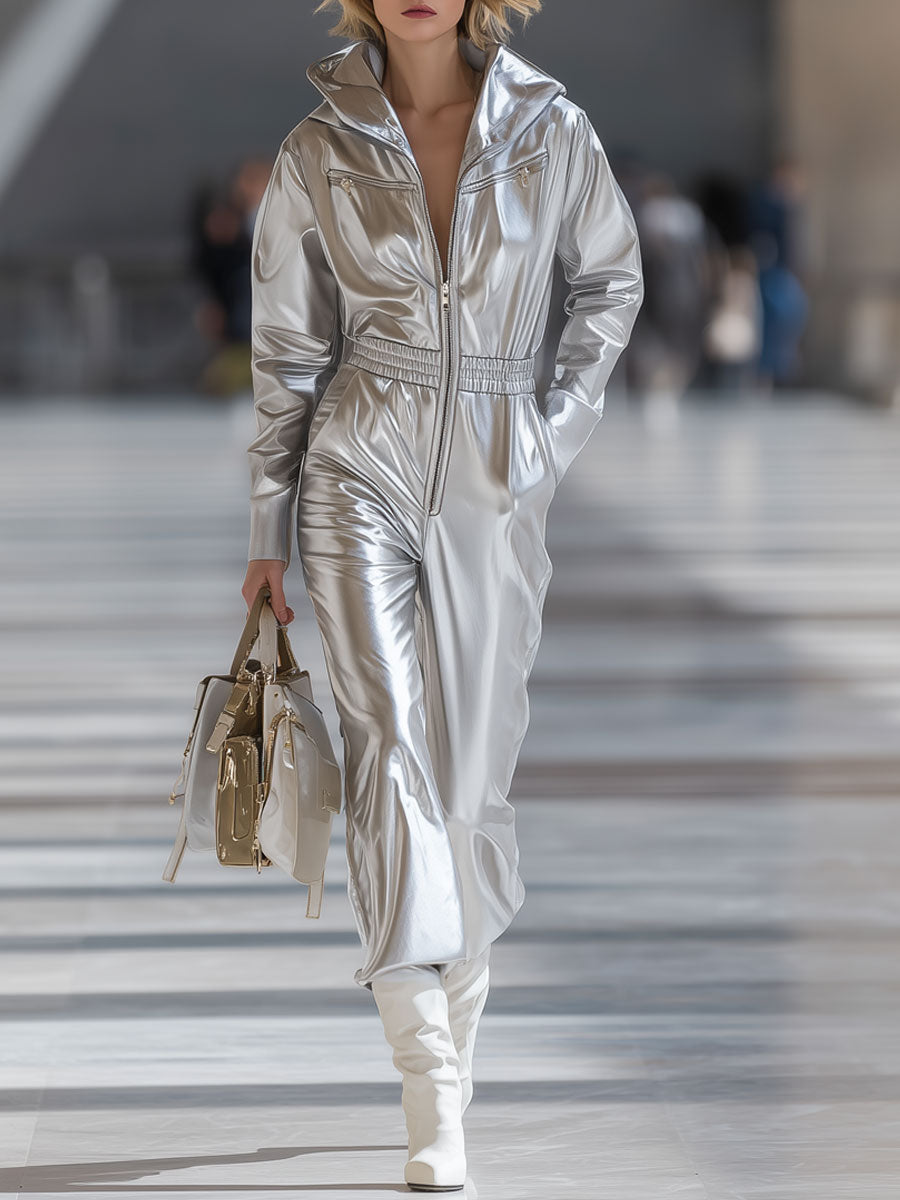 Casual Fashion Silver Faux Leather Long Sleeve Hooded Elastic Waist Jumpsuit