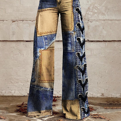 Ursime Patchwork Allover Pattern High Rise Wide Leg Pants
