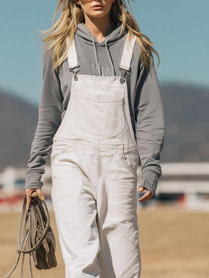 Western Retro White Denim Raw Edge Wide-Leg Overalls