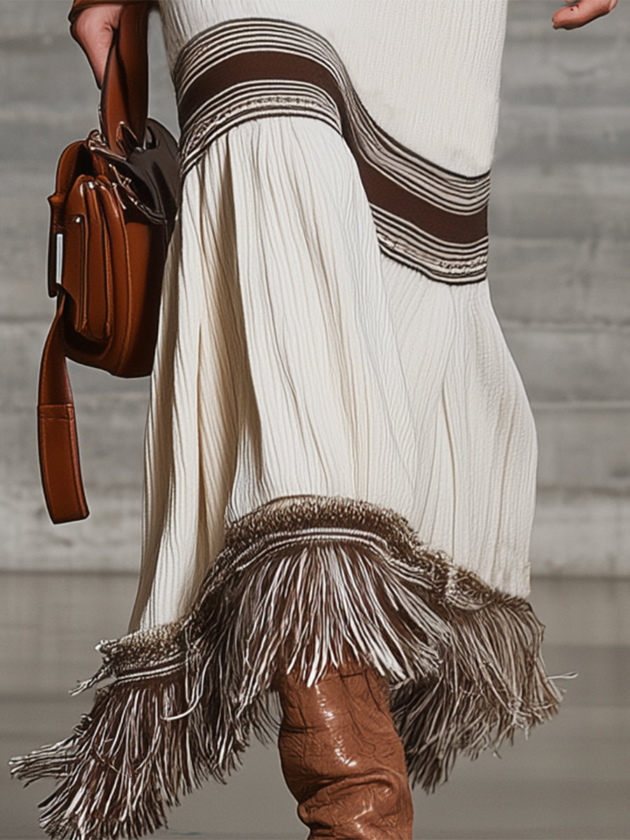 White And Brown Round Neck Hem Tassel Woolen Maxi Dress