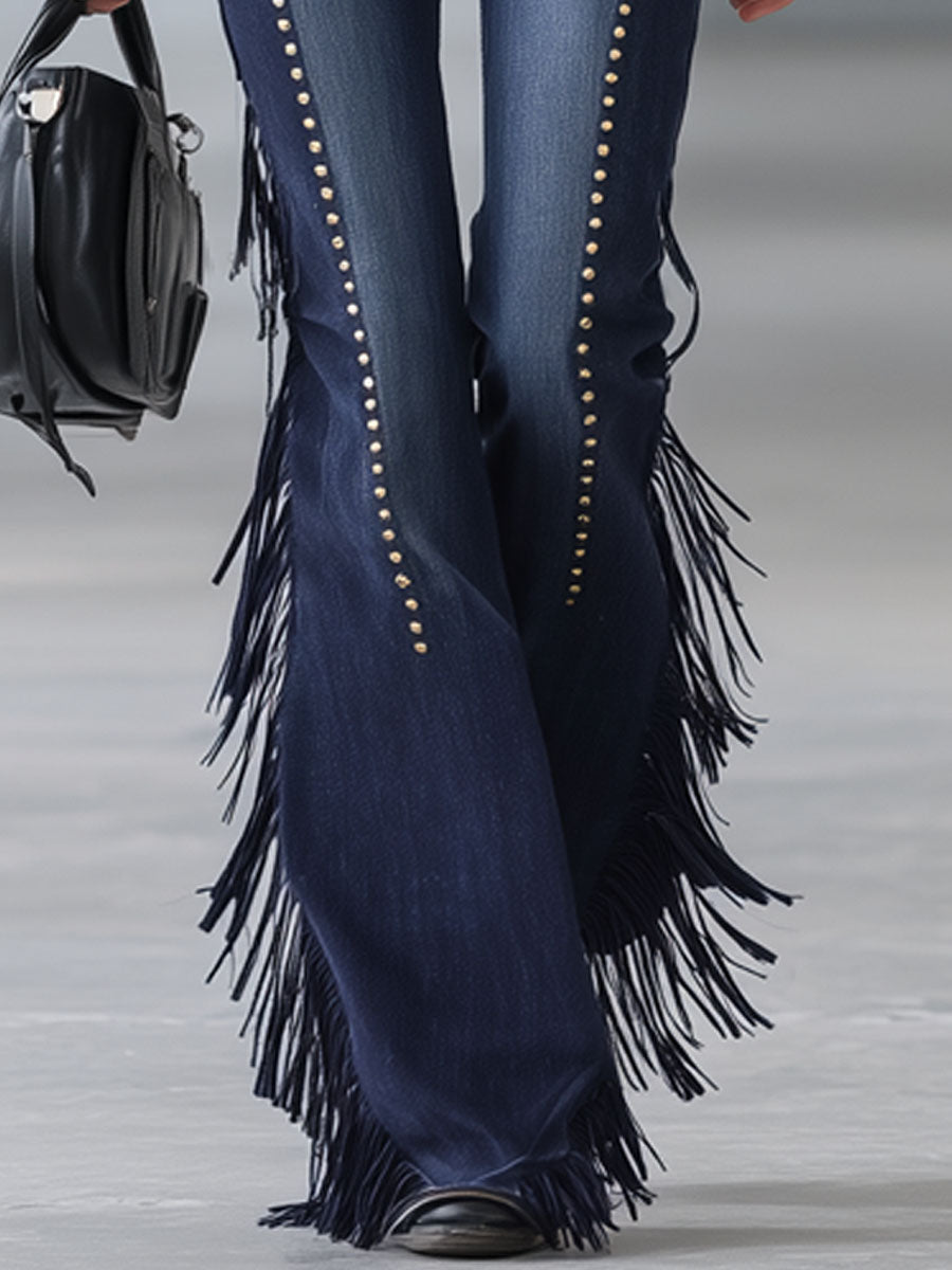 Western Style Vintage Tassel Rivet Flared Jeans