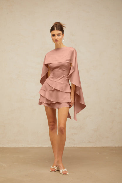 Lyna shawl-panel ruffled satin mini dress in Pink
