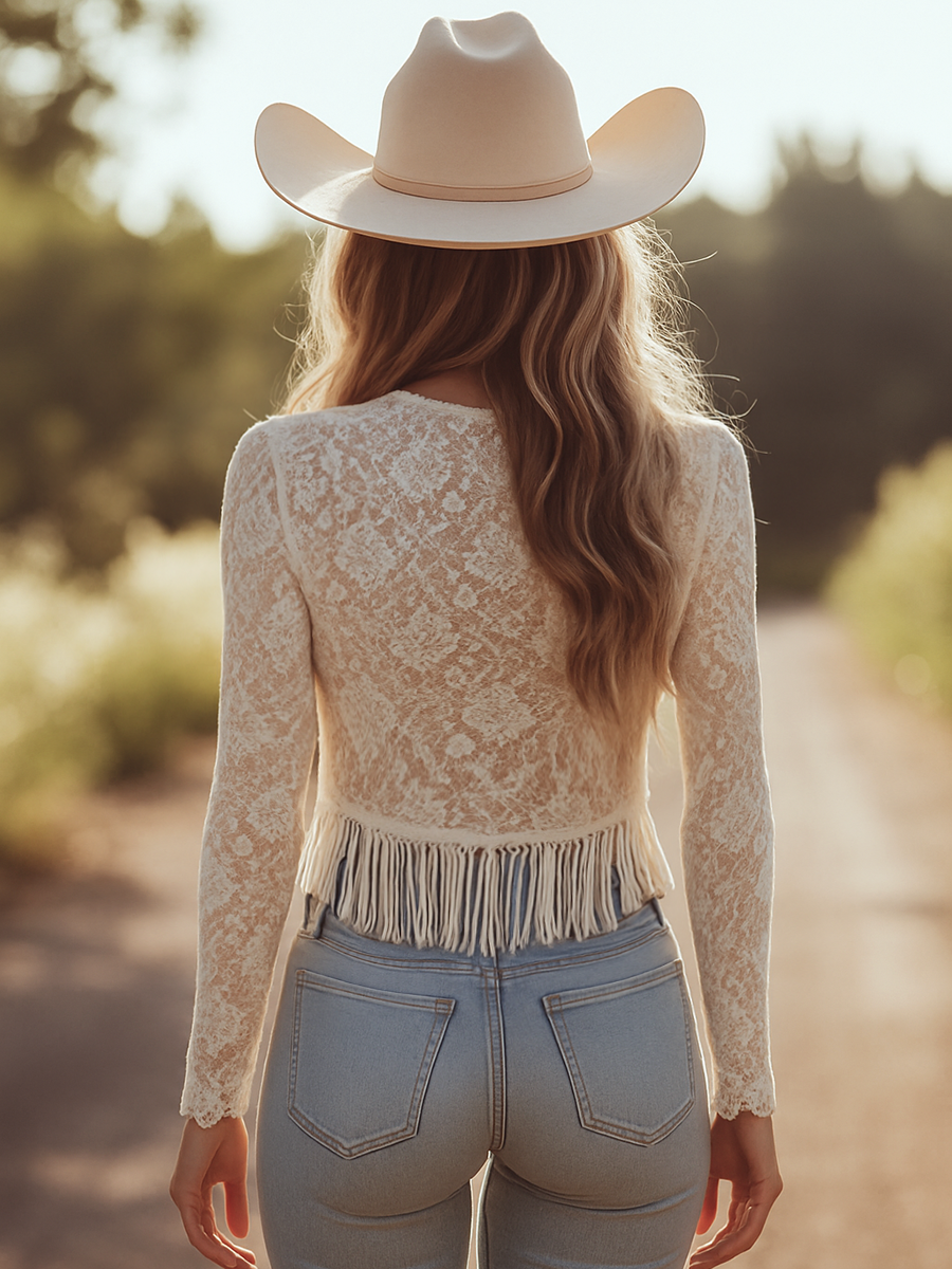 【24-hour shipping out】Retro Fashion V-neck Long Sleeve Tassel Lace T-shirt