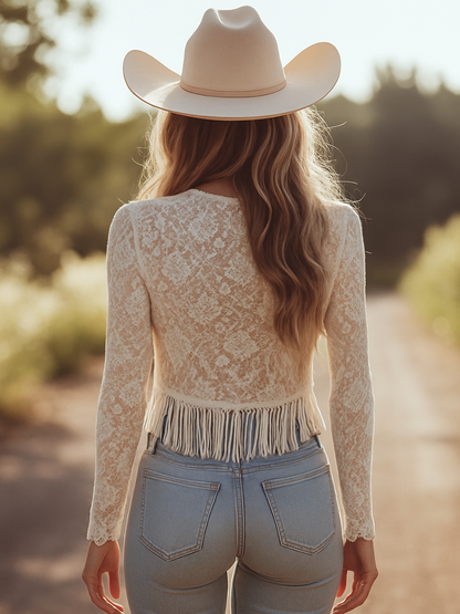 【24-hour shipping out】Retro Fashion V-neck Long Sleeve Tassel Lace T-shirt