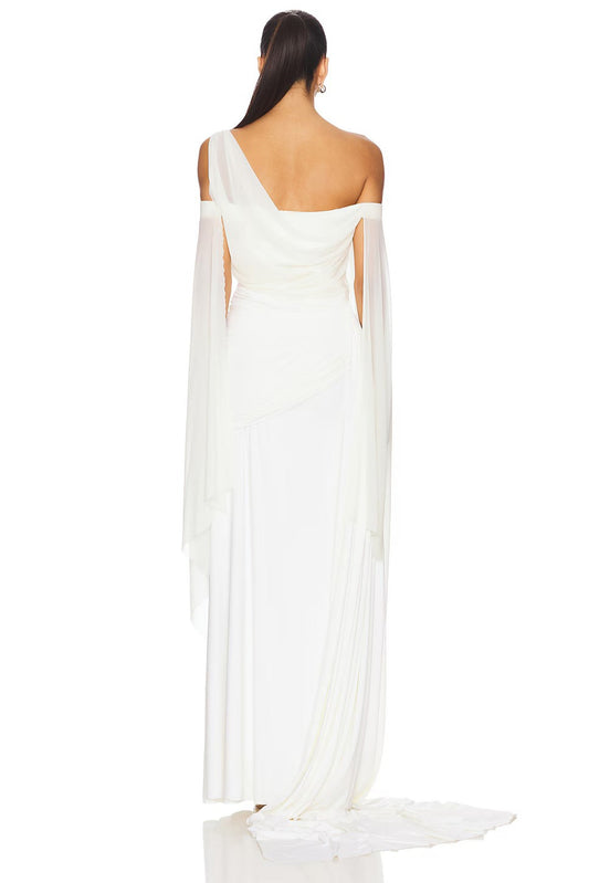 Aurianne White Asymmetrical Draped Maxi Dress