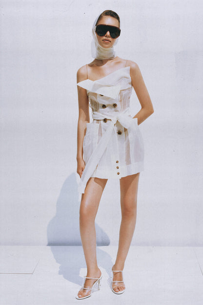 Polliana White Double Breasted Organza Mini Dress