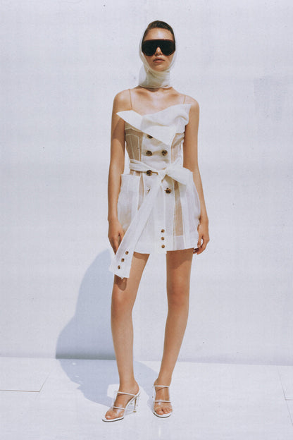 Polliana White Double Breasted Organza Mini Dress