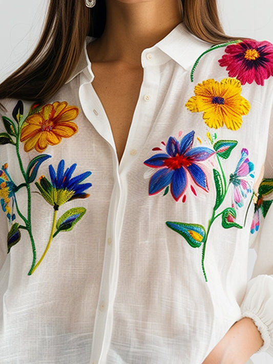 (clearance)White Embroidered Cotton and Linen Long Sleeve Blouse