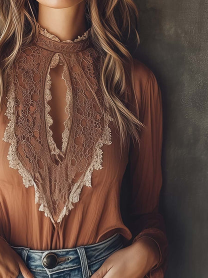 (ship in 24hrs)Elegant Keyhole Lace-Accent Blouse in Warm Cinnamon