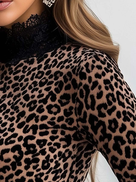 (ship in 24hrs)Women's Lace Leopard Velvet T-shirt