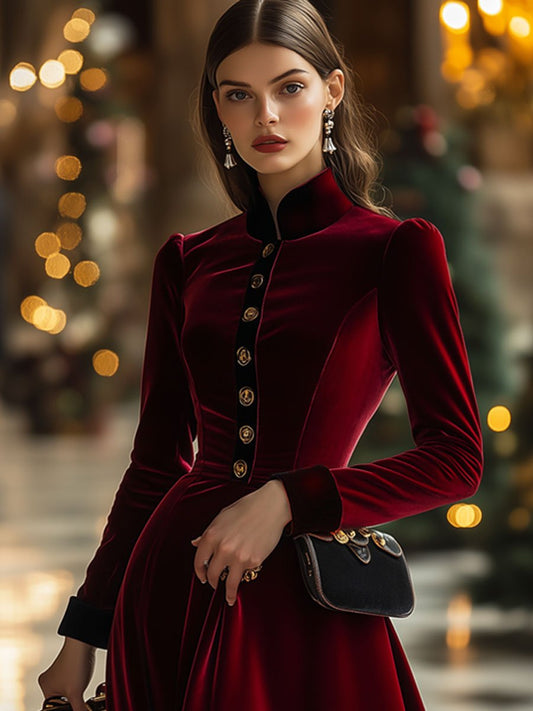 【24-hour shipping out】Fashion Retro Ankola Red Velvet Single-Breasted Long-Sleeved Midi Dress