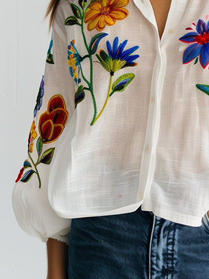 (clearance)White Embroidered Cotton and Linen Long Sleeve Blouse