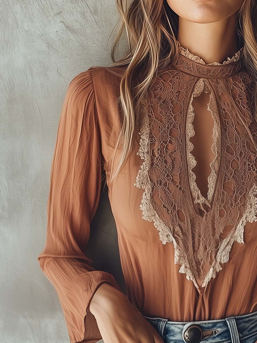 (ship in 24hrs)Elegant Keyhole Lace-Accent Blouse in Warm Cinnamon