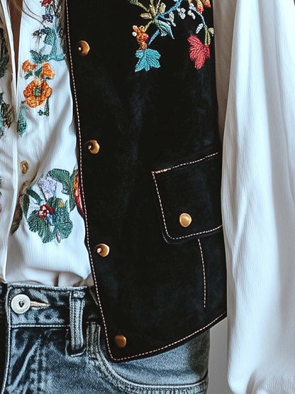 (clearance)Women's Velvet Colorful Floral Embroidered Vest
