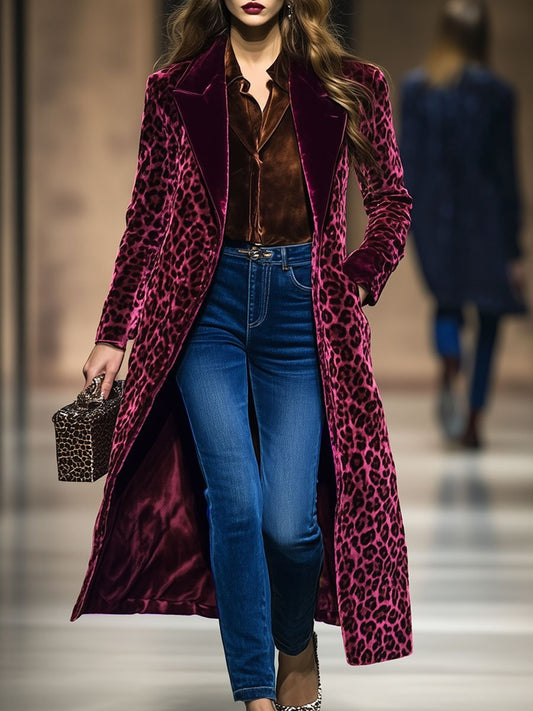 【24-hour shipping out】Casual Loose Vintage Velvet Leopard Print Colorblock Lapel Coat