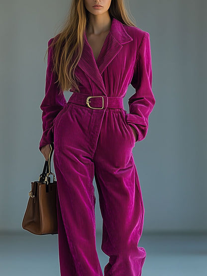 【24-hour shipping out】Casual Loose Retro Solid Color Corduroy Lapel Tie Long Sleeve Jumpsuit