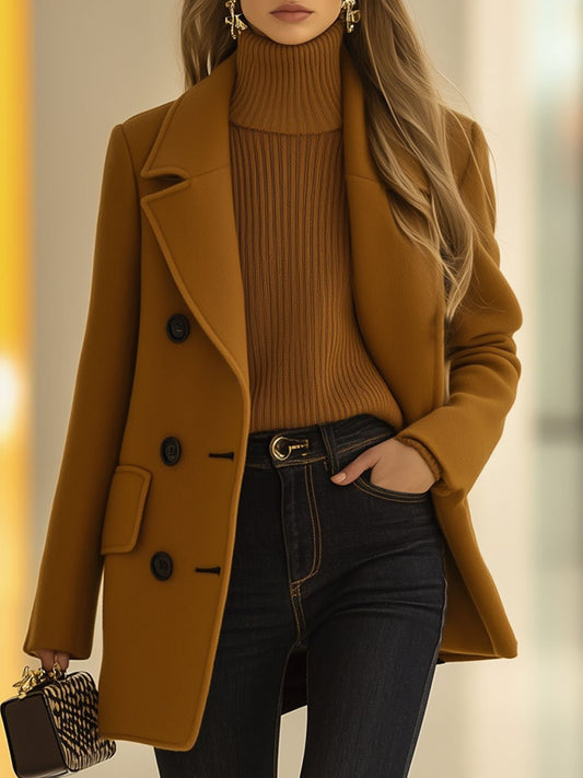 【24-hour shipping out】Casual Loose Retro Camel Wool Double-Breasted Mid-Length Coat