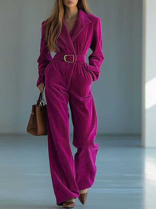 【24-hour shipping out】Casual Loose Retro Solid Color Corduroy Lapel Tie Long Sleeve Jumpsuit