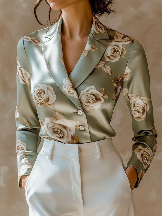 (ship in 24hrs)Elegant Lapel Rose Pattern Side Button Down Satin Shirt