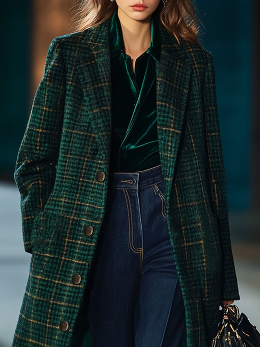 【24-hour shipping out】Casual Loose Retro Pocket Woolen Plaid Mid-Length Coat
