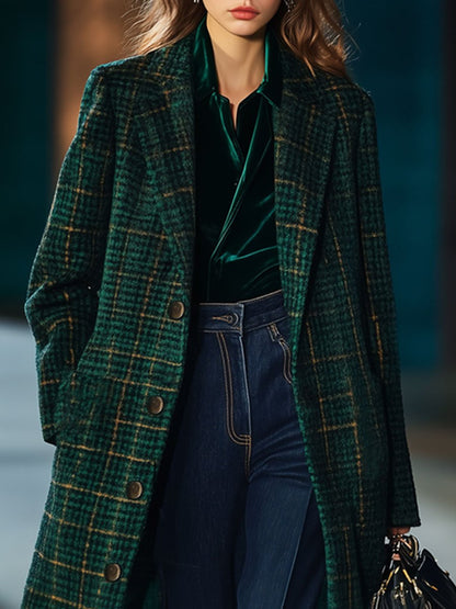 【24-hour shipping out】Casual Loose Retro Pocket Woolen Plaid Mid-Length Coat