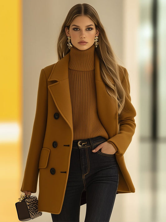 【24-hour shipping out】Casual Loose Retro Camel Wool Double-Breasted Mid-Length Coat