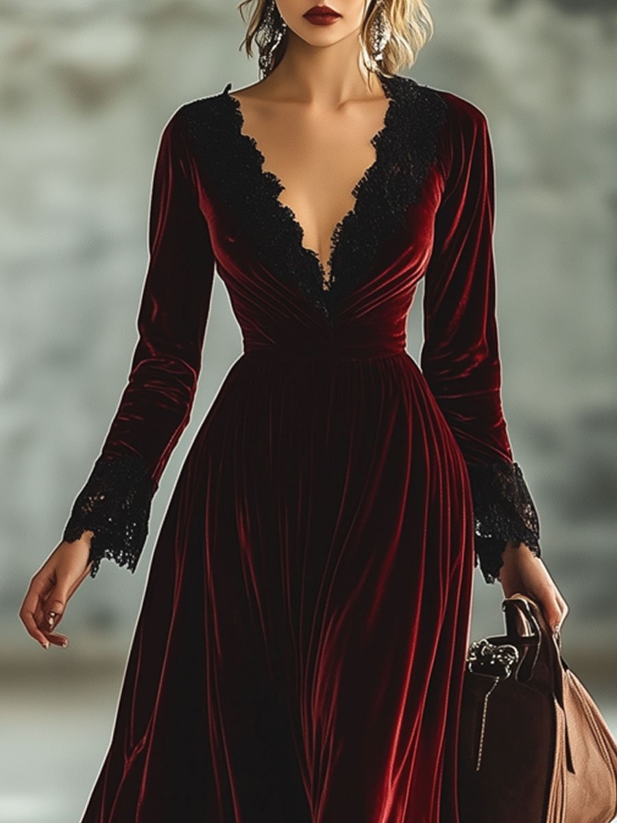 【24-hour shipping out】Fashion Retro V-neck Lace Splicing Long Sleeve Maxi Dress
