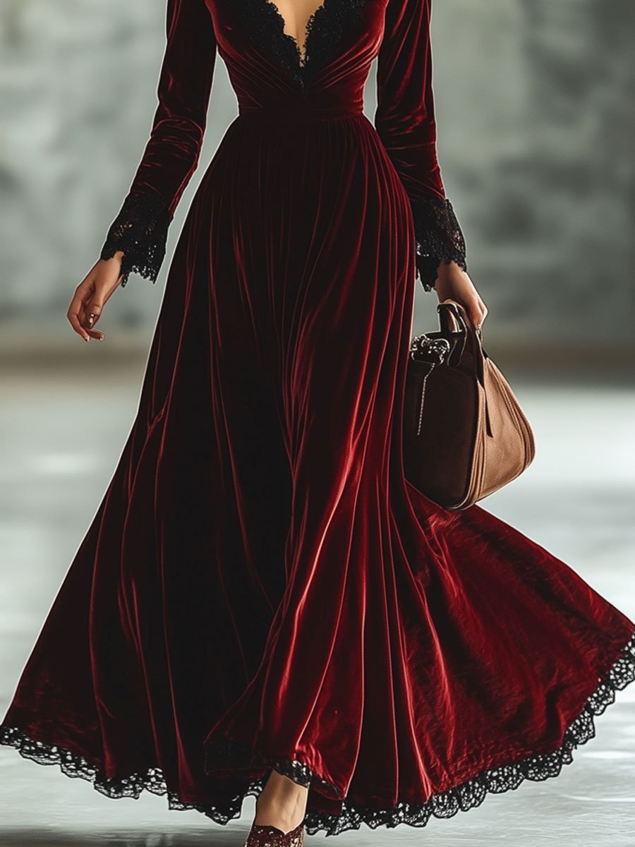 【24-hour shipping out】Fashion Retro V-neck Lace Splicing Long Sleeve Maxi Dress