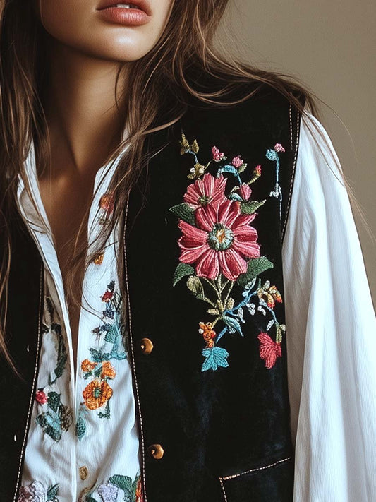 (clearance)Women's Velvet Colorful Floral Embroidered Vest