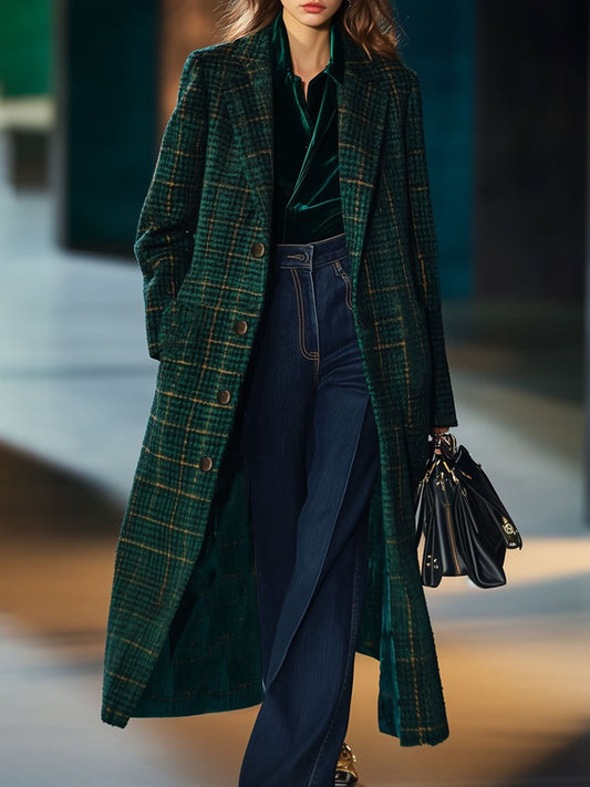 【24-hour shipping out】Casual Loose Retro Pocket Woolen Plaid Mid-Length Coat