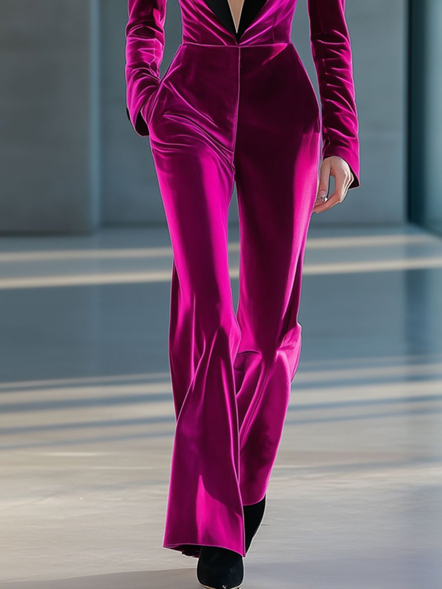 【24-hour shipping out】Casual Fashion Retro Velvet Colorblock Lapel Long Sleeve Flared Jumpsuit