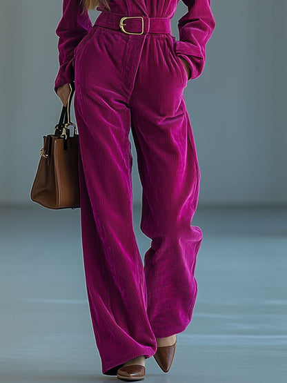 【24-hour shipping out】Casual Loose Retro Solid Color Corduroy Lapel Tie Long Sleeve Jumpsuit
