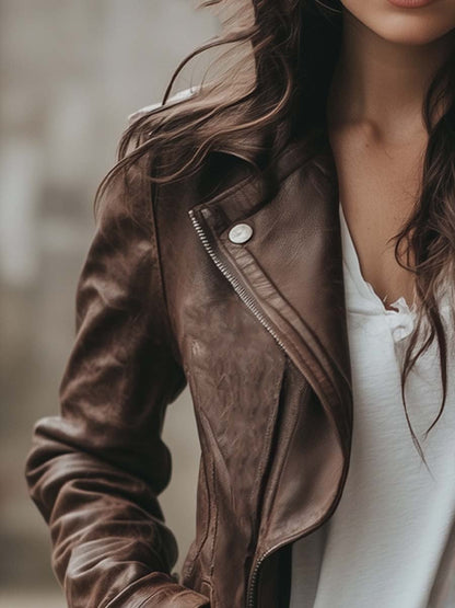 Women's Lapel Vintage Faux Leather Jacket